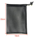 Black drawstring mesh storage bag shown in three size options for water ball toys.