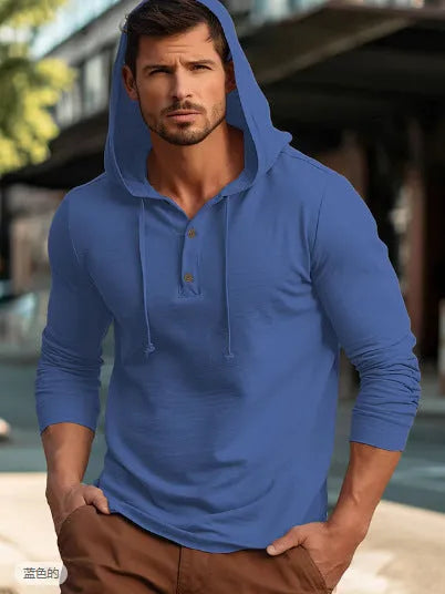 Men's dark blue cotton pullover hoodie with long sleeves laid flat.
