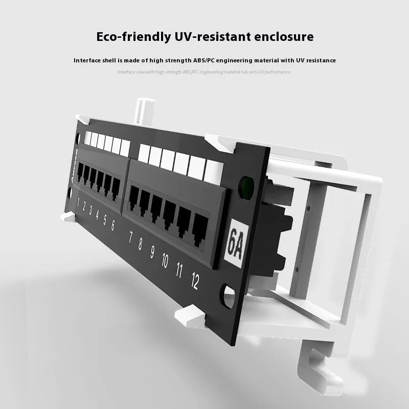 Black 12-port steel network distribution frame with hook bracket and included installation accessories.
