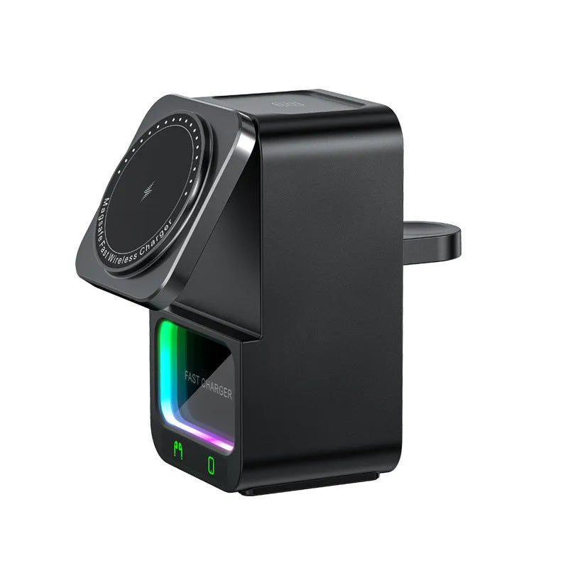 White and black Bluetooth speaker with integrated wireless charging surface showing 23W fast charging capability