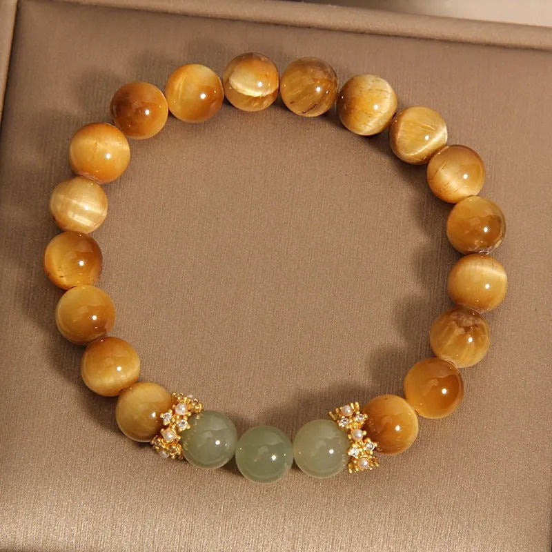 Natural Yellow Tiger's Eye and Hetian Jade bracelet with gold gourd pattern, U-shaped design
