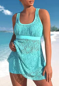 Women's nylon two-piece swimsuit set with a conservative split design and briefs style.