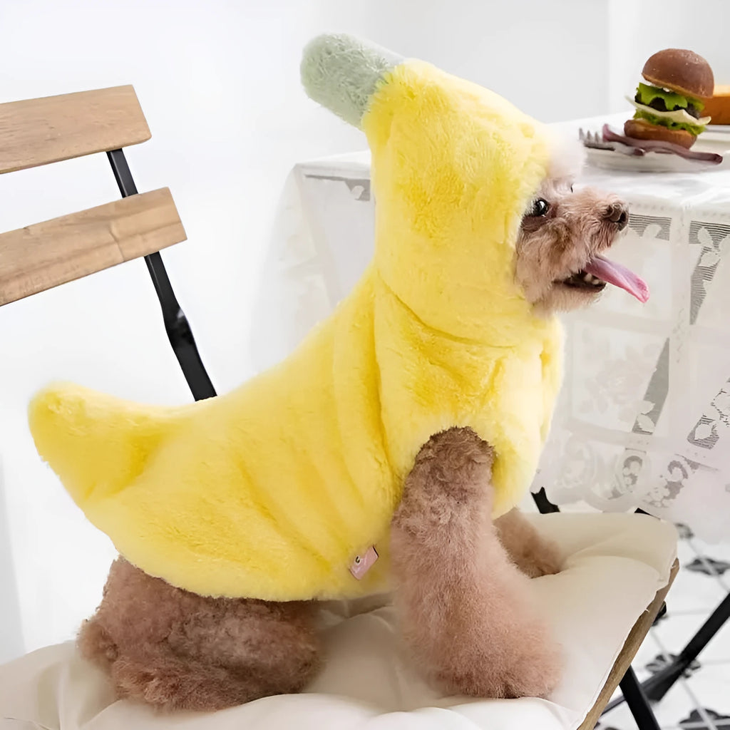 Yellow funny banana dog costume made from polyester for autumn and winter pet clothing, available in sizes S M L XL