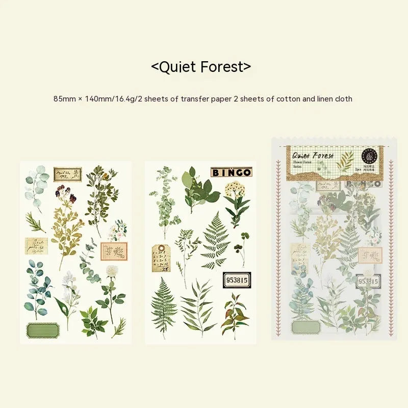 Huazhisen Series art sticker pack showing forest-themed label designs on transfer paper and cotton linen sheets.