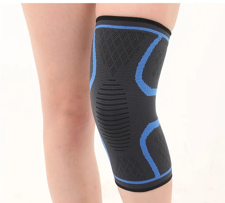 Pair of black stretch polyester sports knee pads with a textured non-slip interior.