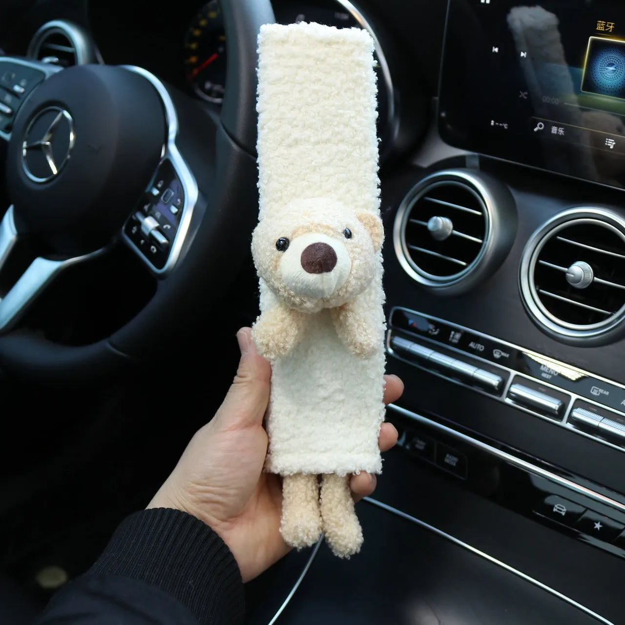 Cartoon plush car seatbelt shoulder protector in lamb wool, showing bear and rabbit design options.