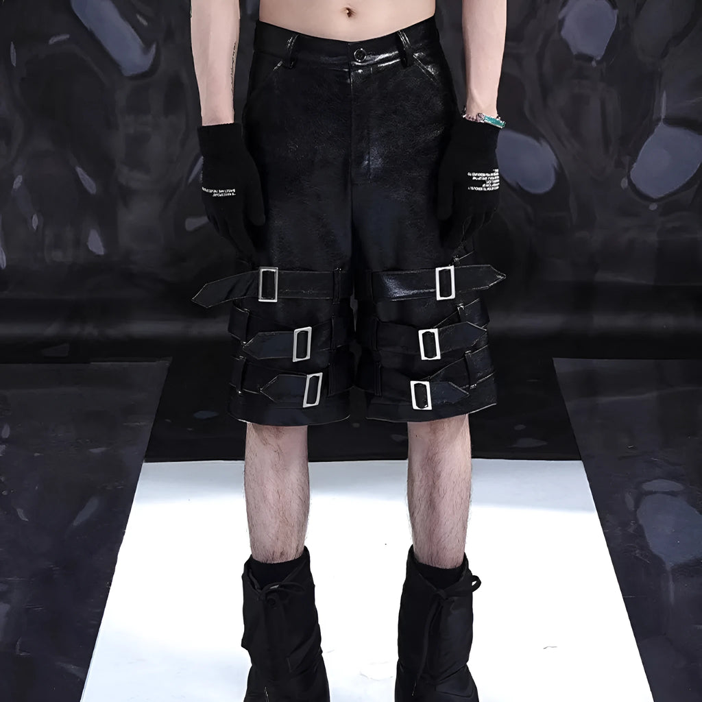 Men's black PU leather casual cropped shorts on a hanger.