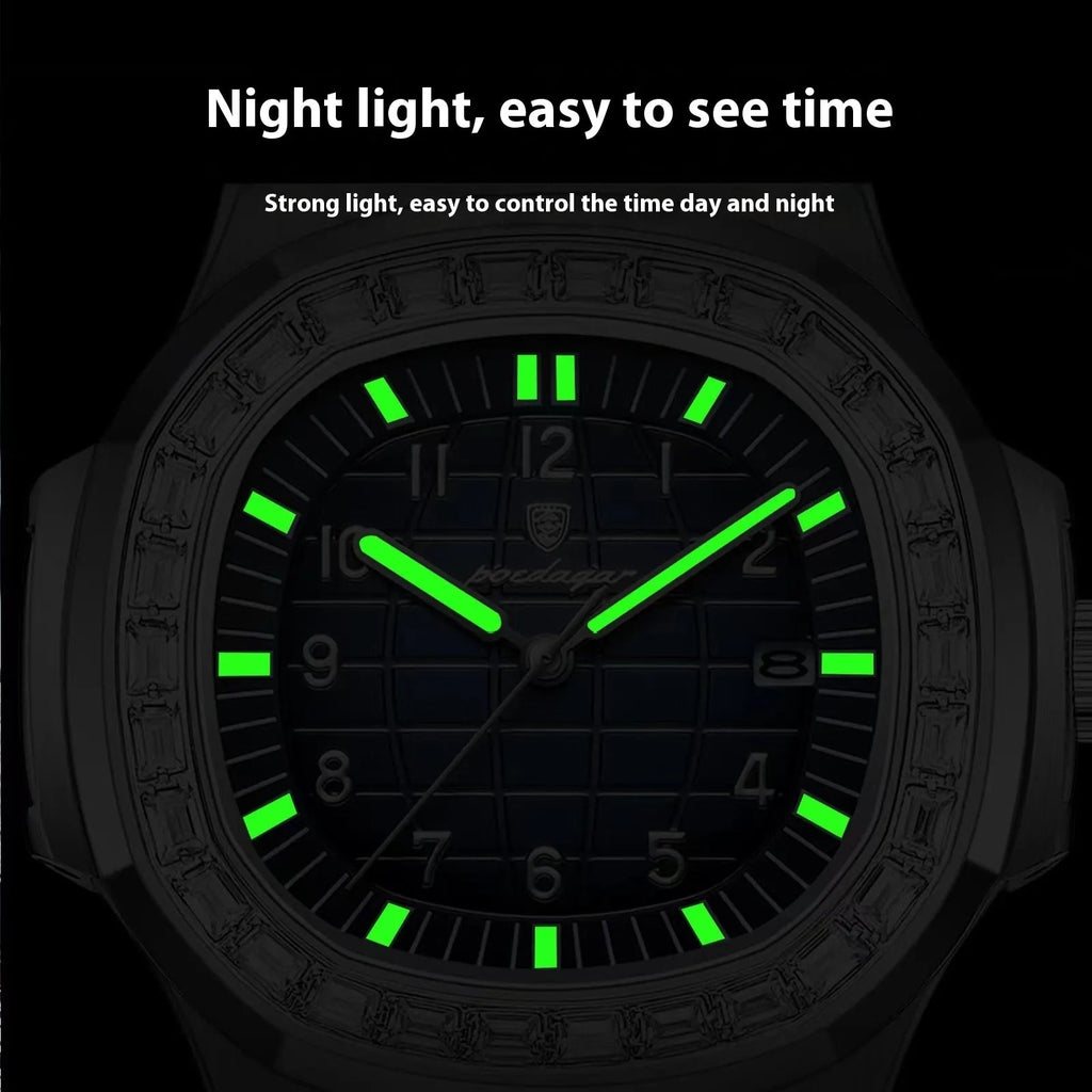 Men's quartz watch with 41.5mm dial, stainless steel strap, alloy case, and luminous waterproof design