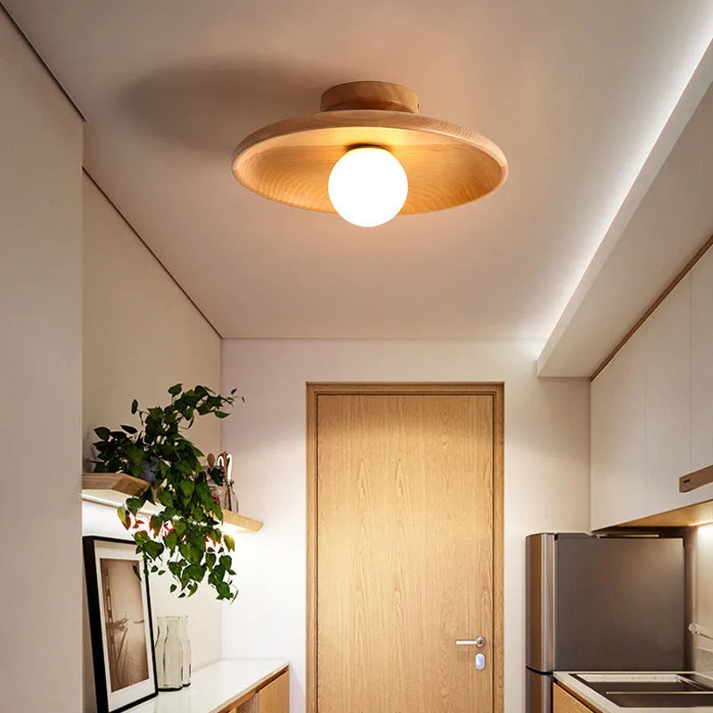 Solid wood minimalist ceiling lamp with glass shade in walnut colour