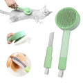 Green and yellow pet grooming brush with stainless steel teeth for deshedding cats and dogs
