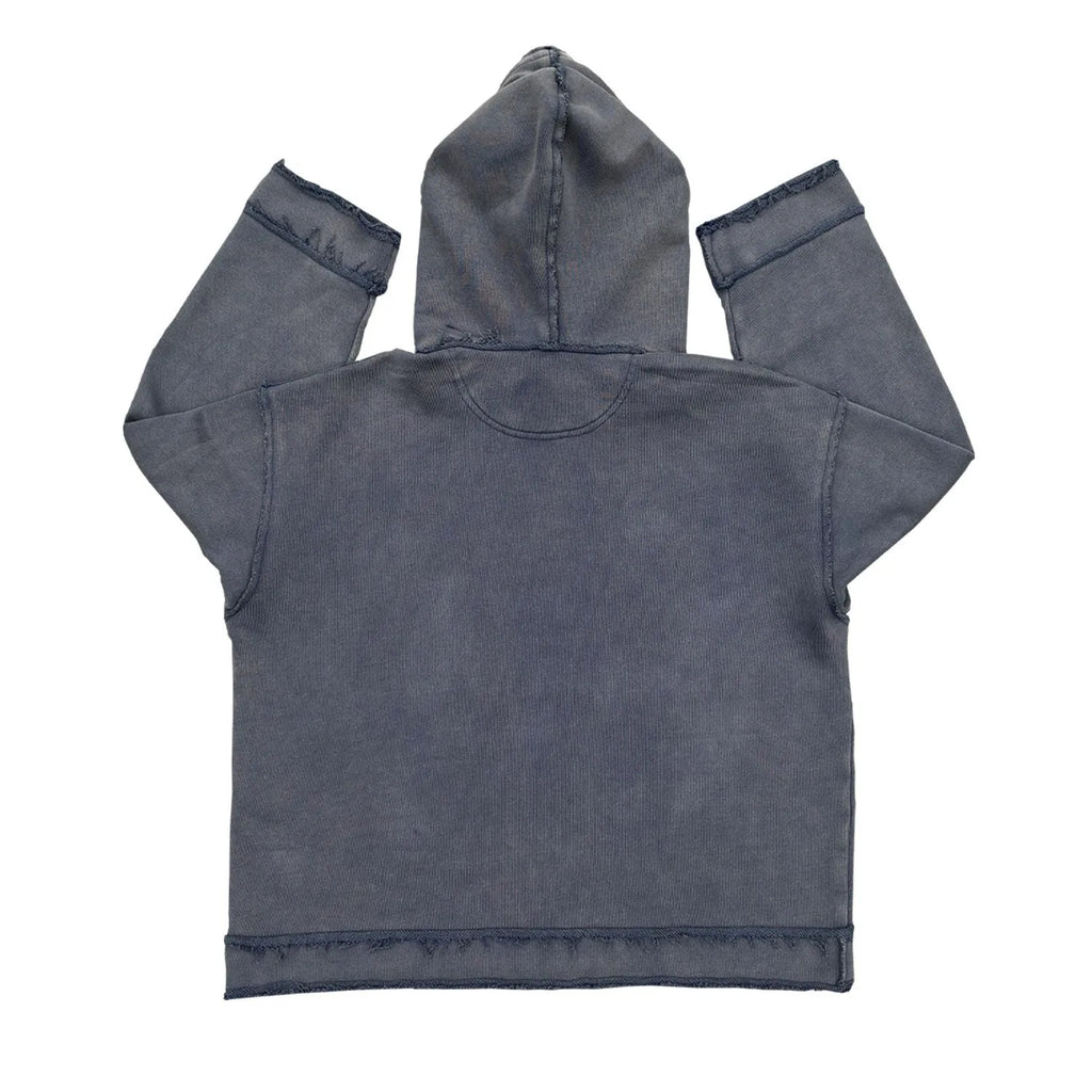 A reverse dark blue coloured hoodie sweater laid flat, showing its hood and front design.