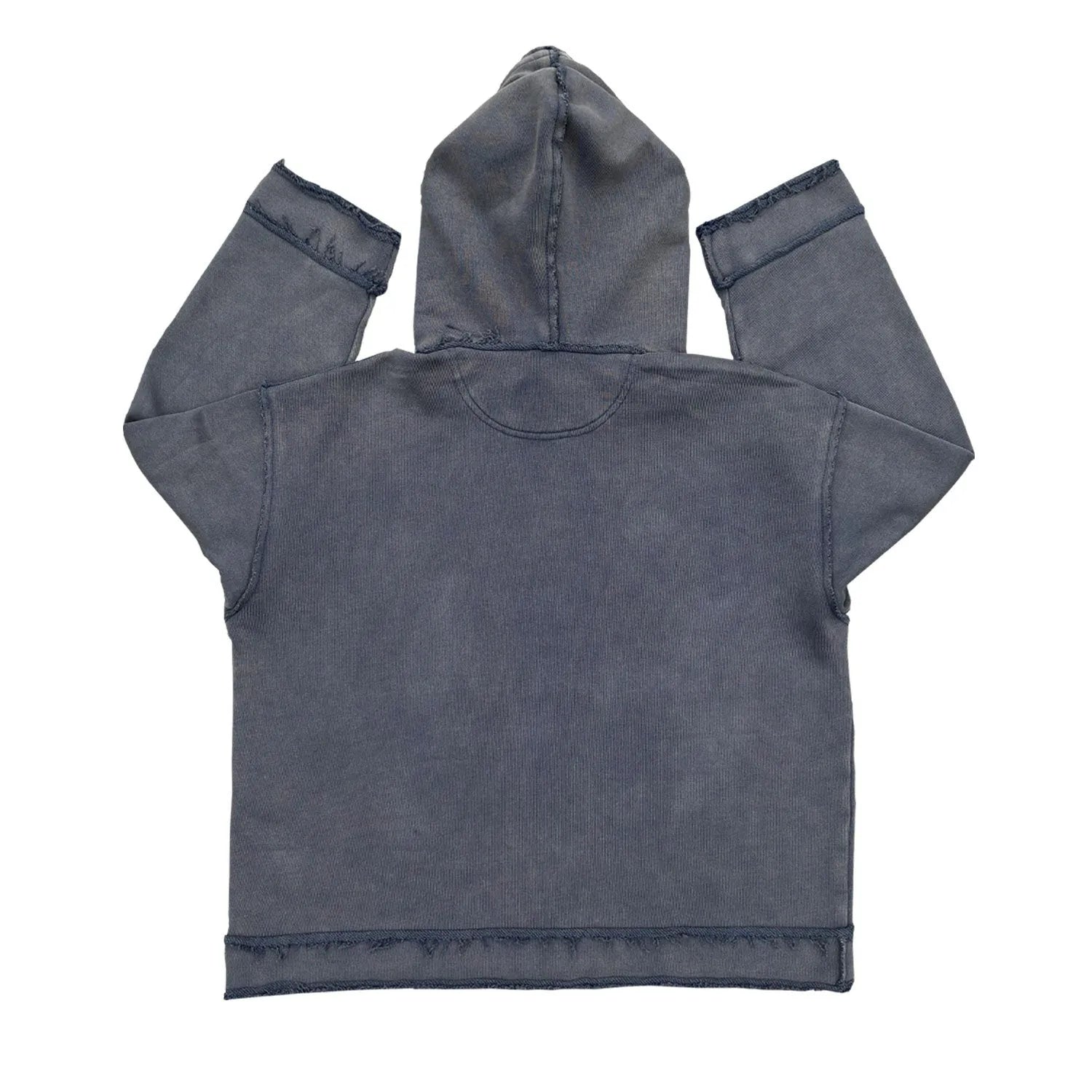 A reverse dark blue coloured hoodie sweater laid flat, showing its hood and front design.