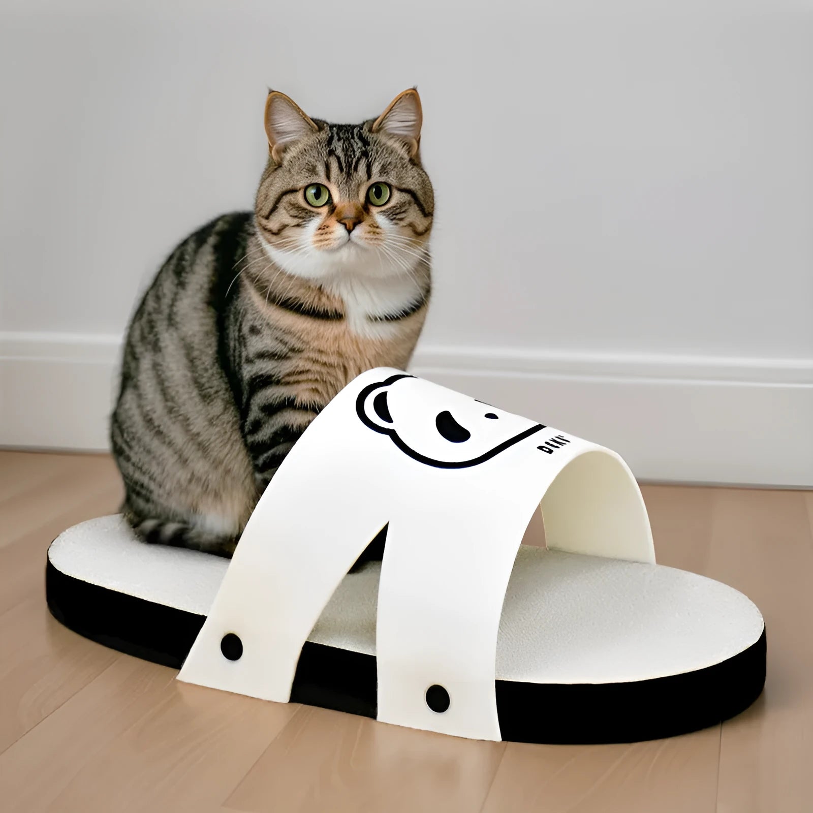 White corrugated paper cat scratch board designed in a slipper shape.