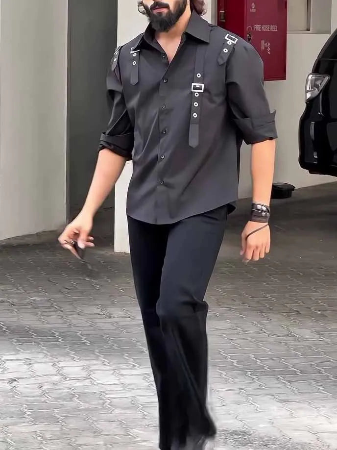 Men's black polyester utility-style button-up shirt with long sleeves on a mannequin.