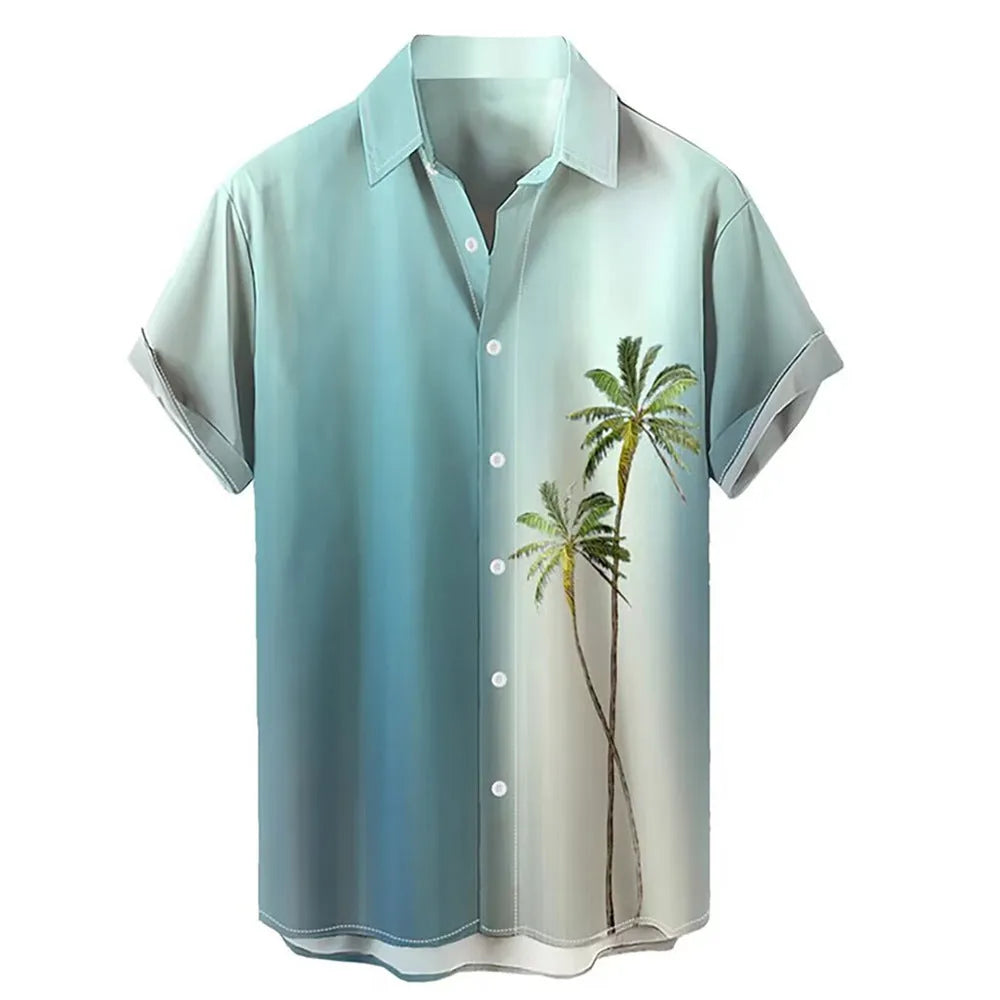 Men's short-sleeved Hawaiian shirt with a colourful 3D printed pattern, on a mannequin.