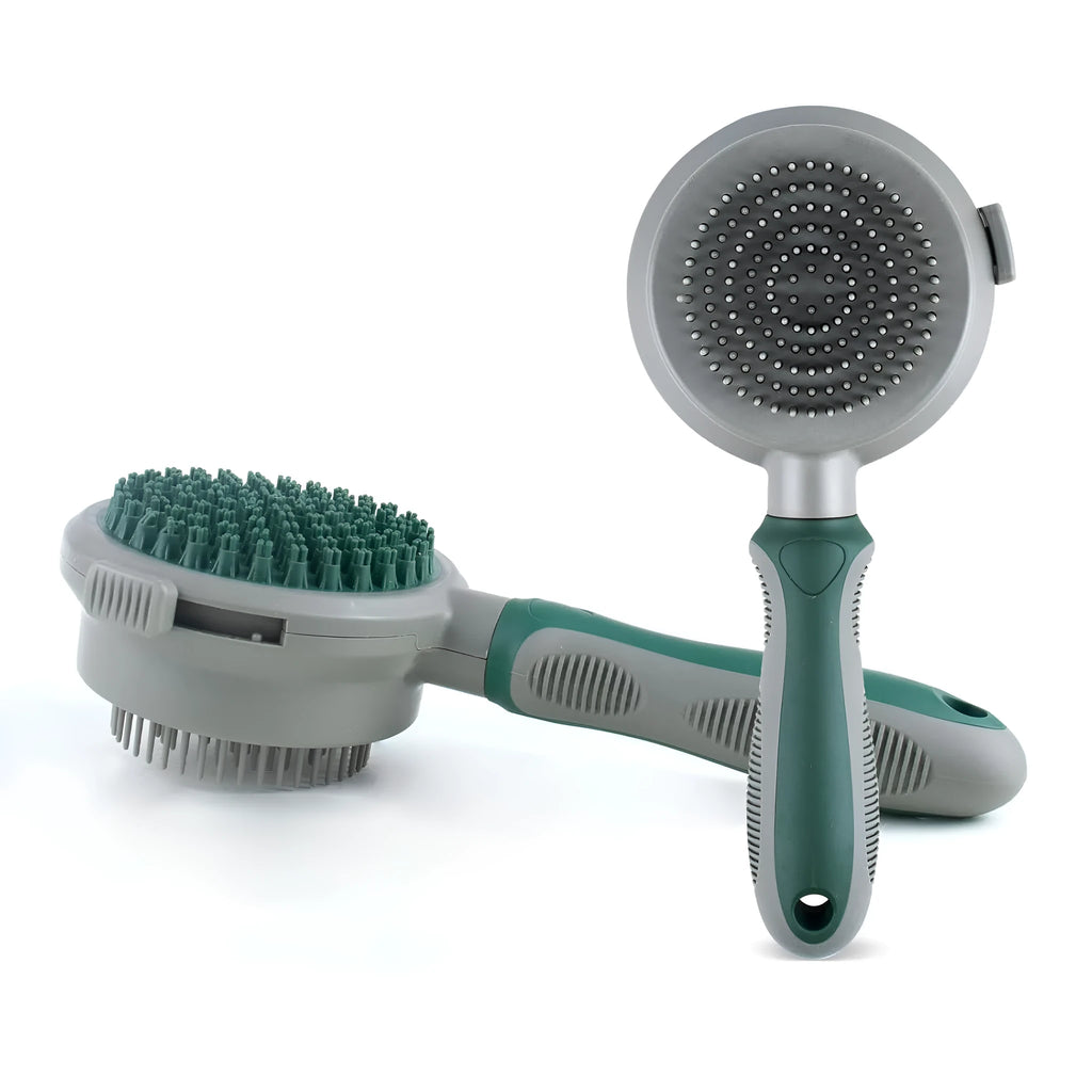Green and pink dual-sided pet brush with slicker pins on one side and silicone massage pins on the other