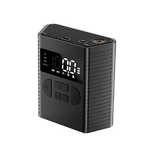 Wireless portable car tyre air compressor with digital display, LED light, and USB port on black ABS housing.