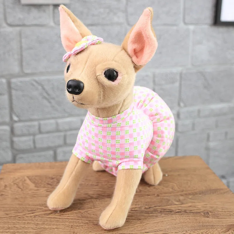 Dressing artificial dog plush toy in mink fur, bulldog style, large size 55-60cm, displayed on a surface