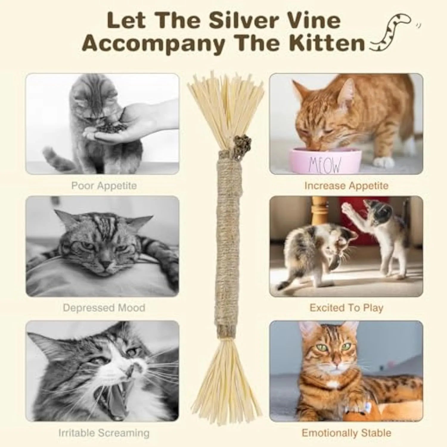 Pack of three natural silvervine chew sticks for cats with sisal rope and raffia texture