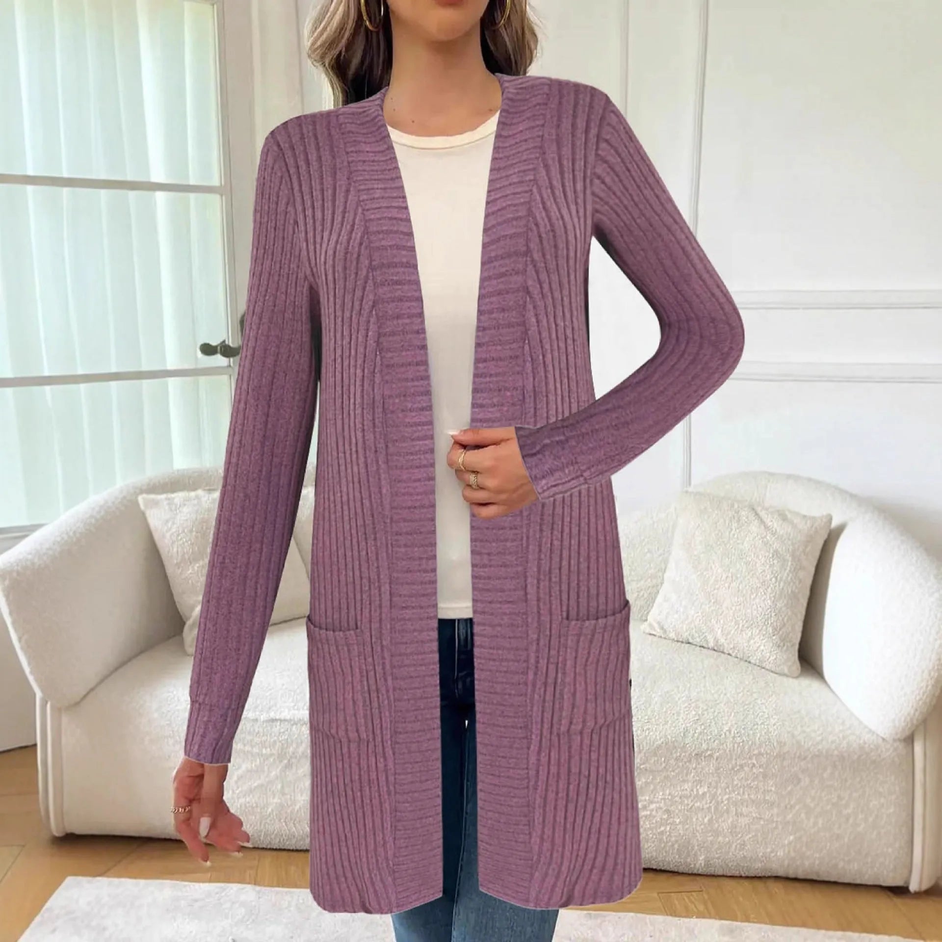Loose fit grey polyester knitted cardigan jacket with long sleeves and patch pockets