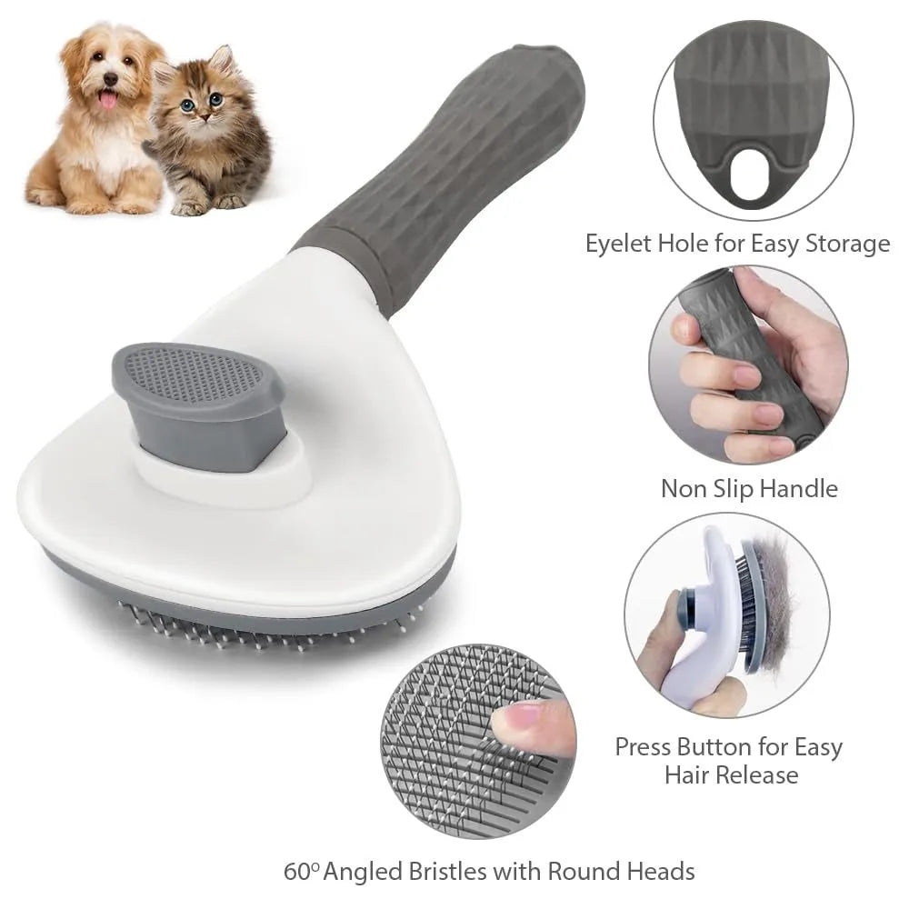 Blue cat grooming brush with a release button and fine wire bristles on a grey background.