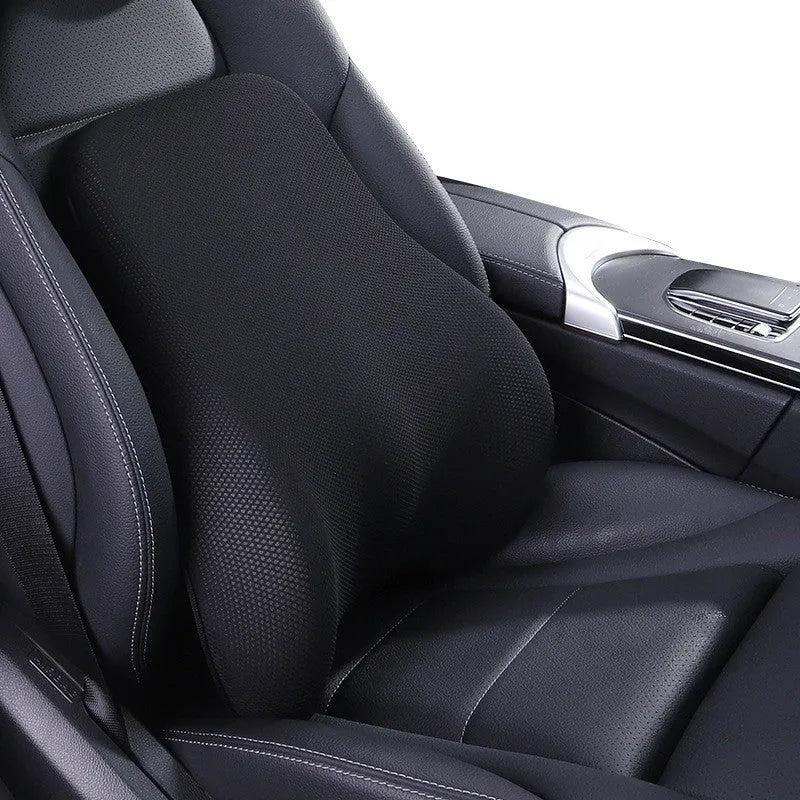 Ergonomic car headrest and lumbar support cushion with BASF memory foam in breathable starry sky net fabric on a car seat