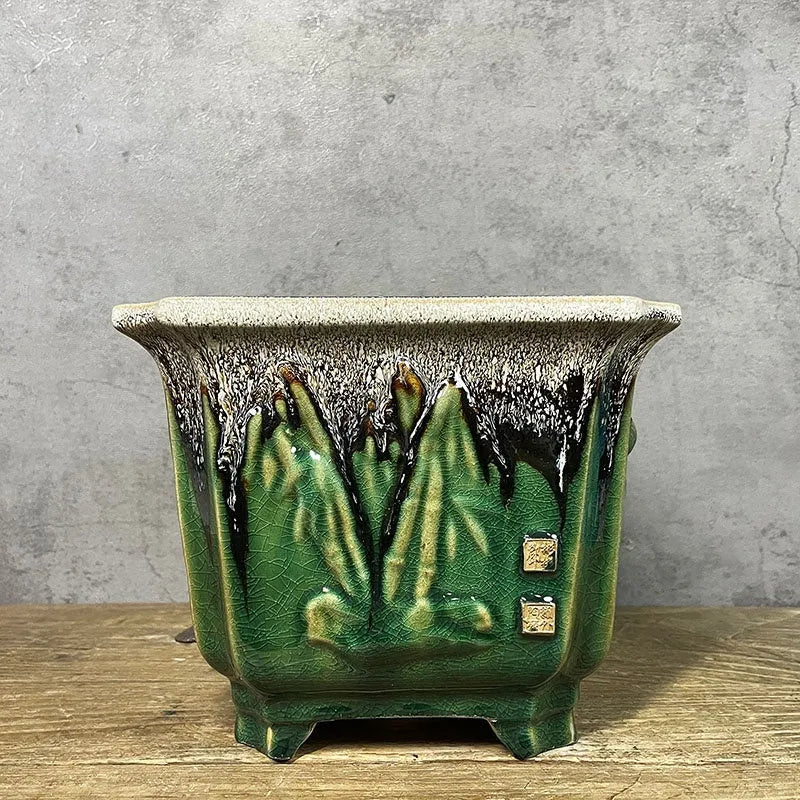 Ceramic decals flower pot square 22cm caliber high depth green glaze changed No 22 middle decal