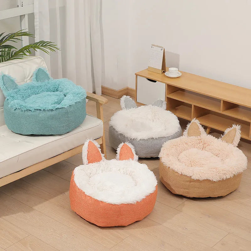 Round plush faux fur cat bed in blue, grey, orange, white or yellow, sizes XS 35cm to XL 75cm