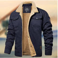 Men's cotton fleece-lined mid-length overalls jacket in khaki with patch pockets and straight hem
