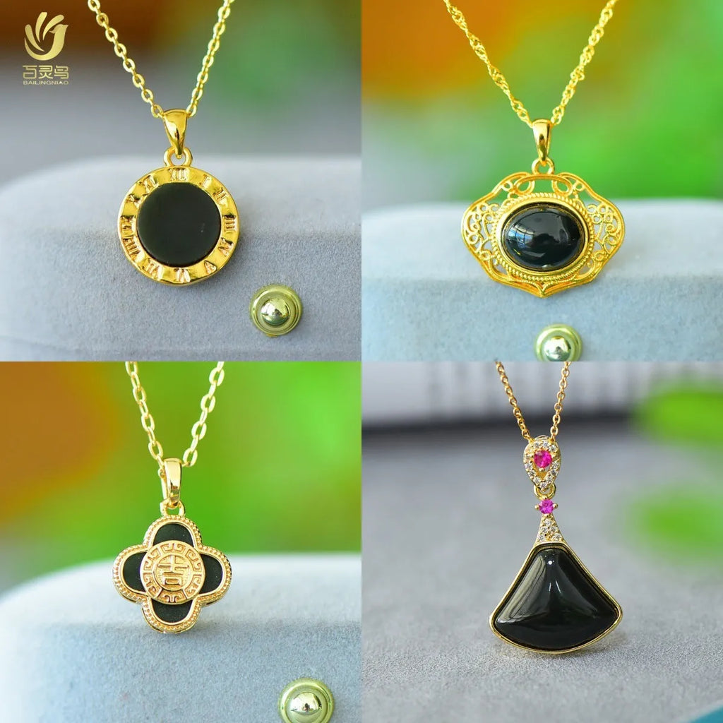 Hetian jade pendant with copper inlay on necklace chain, natural gray stone with ink blue veining