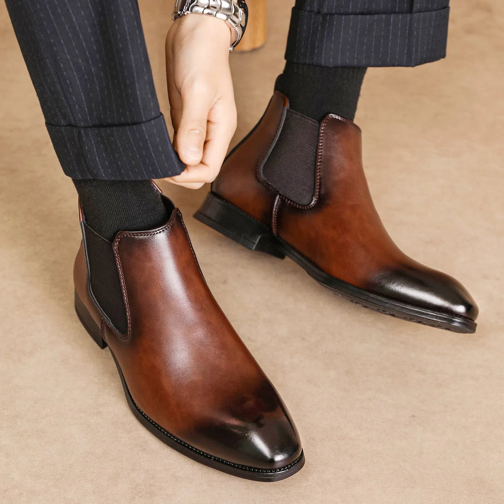 Men's Chelsea classic retro long boots in black with square toe and horseshoe heel