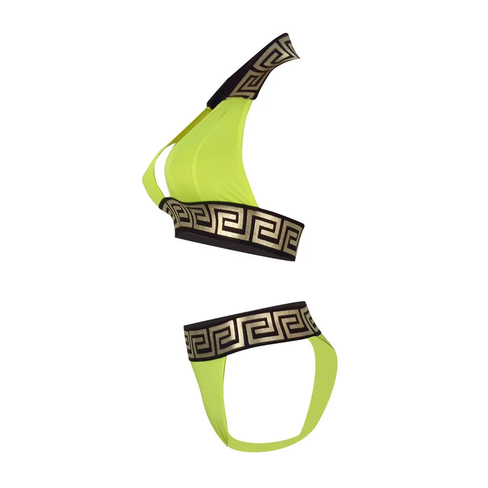 Printed bikini two piece set in polyester, available in yellow, red, black, green, and blue. Wire-free, unpadded design for swimming and wading. Sizes S-XL.