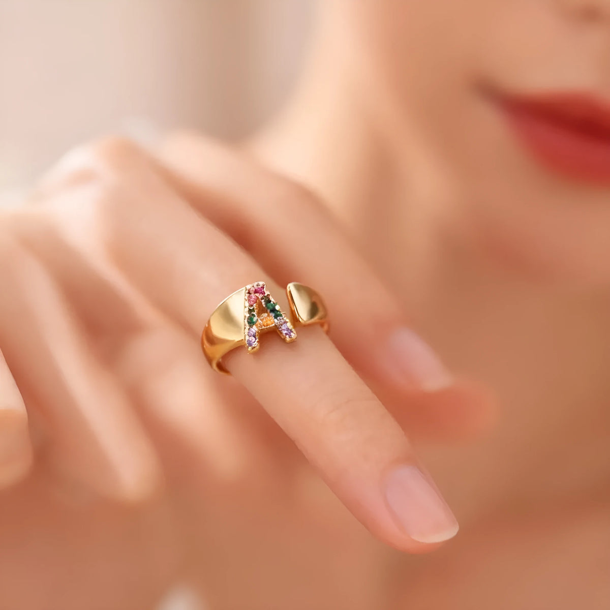 Adjustable copper open ring with coloured zirconium micro-set English letter design