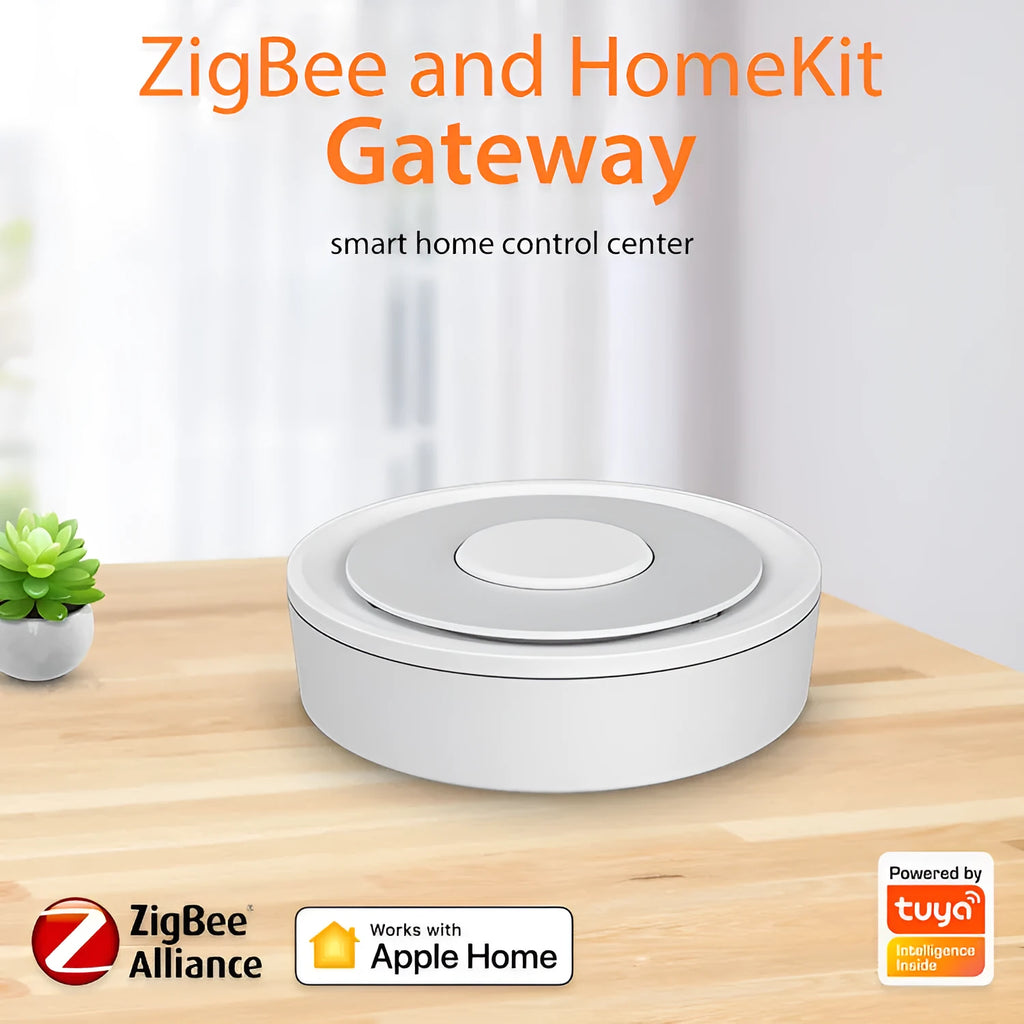 White ZigBee smart home gateway measuring 78mm with USB power for 55m device control