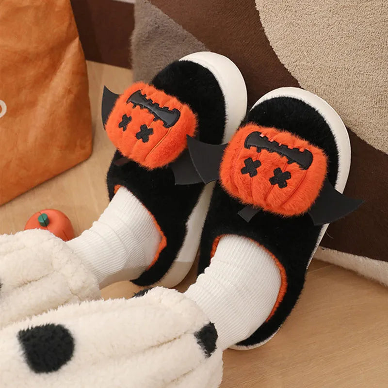 Halloween cartoon pumpkin slippers with small wings, black, non-slip indoor cotton slippers unisex baotou round toe