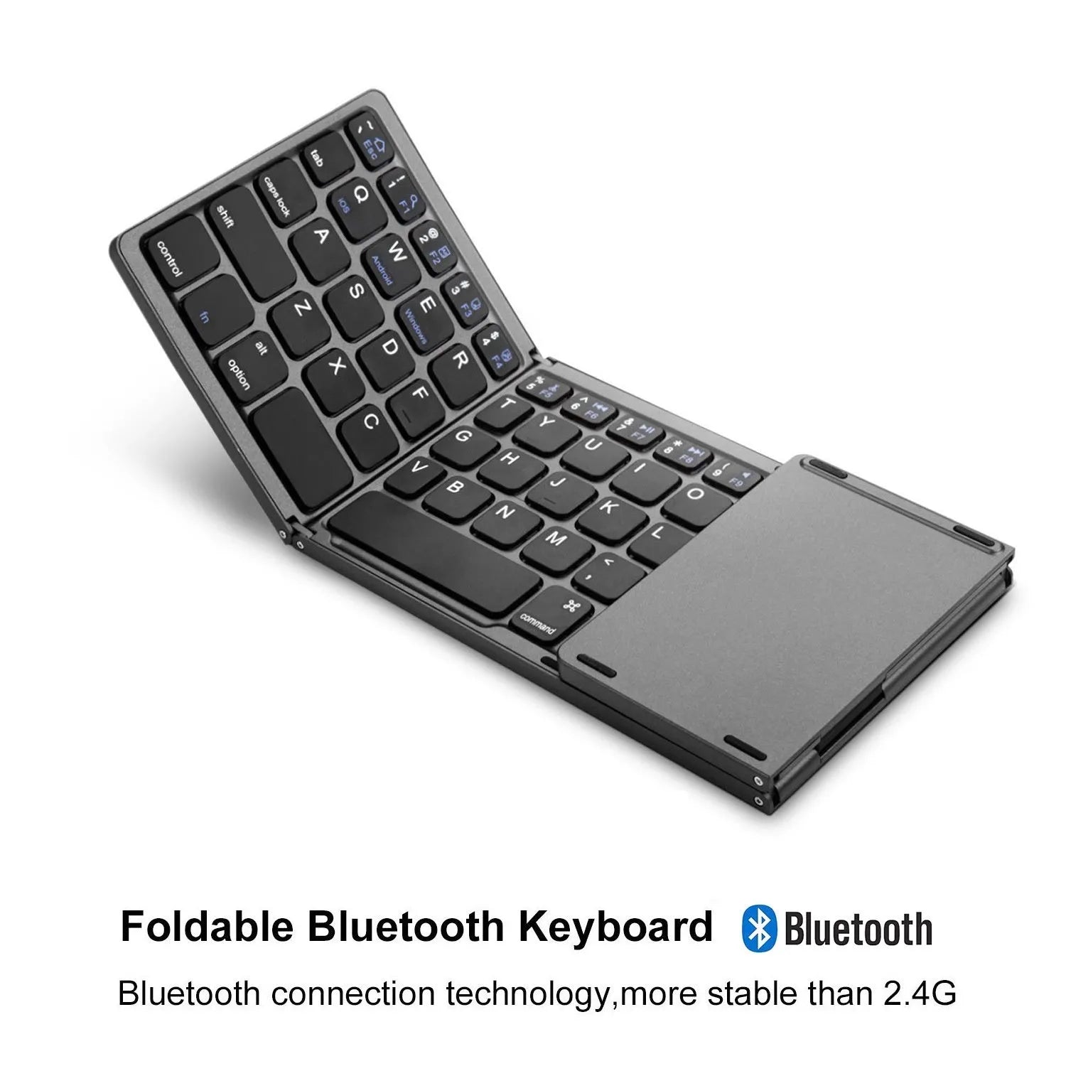 Tri-fold Bluetooth keyboard showing compact folded size next to smartphone for scale