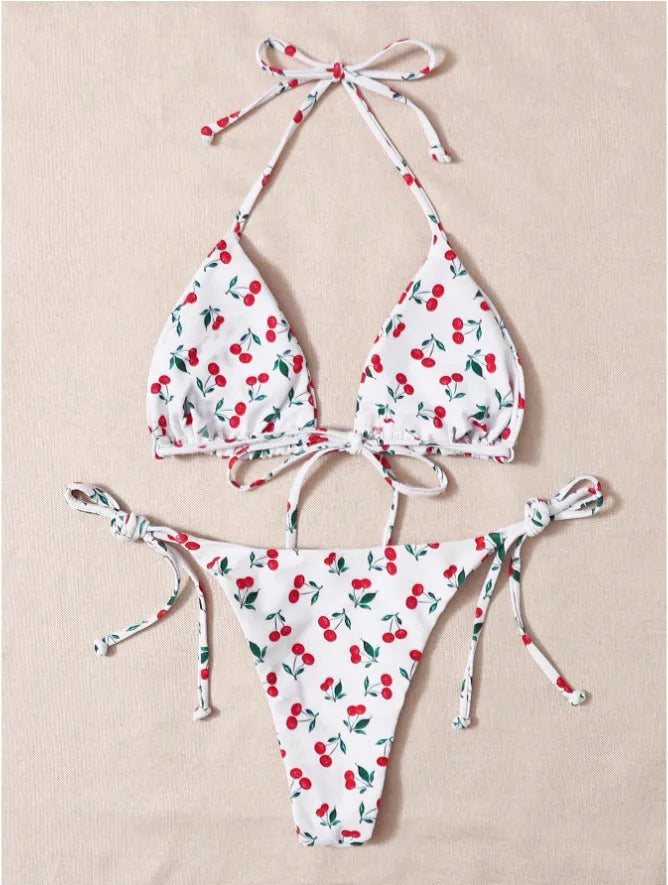Holiday split halter bikini set in solid colour with nylon lining and backless briefs, size S-XL