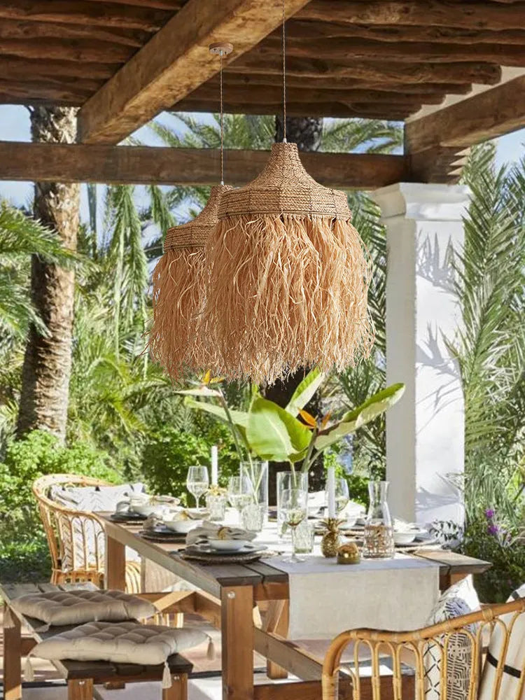 Retro restaurant chandelier with woven wild vetch and willow shade measuring 50cm diameter