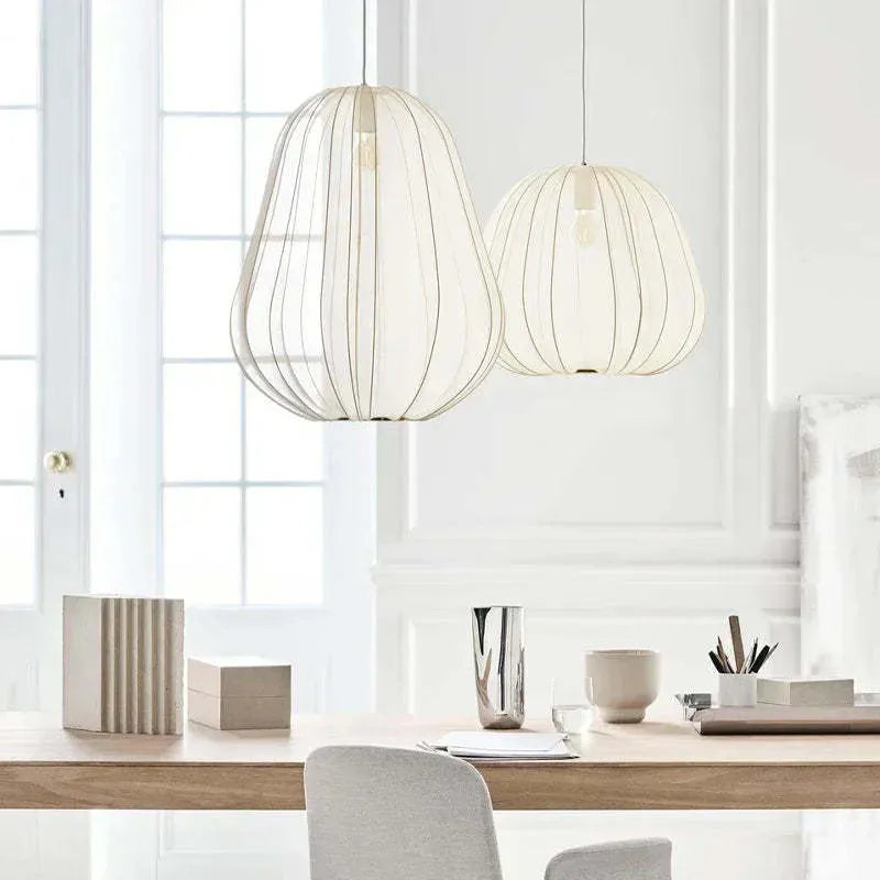 Japanese style pumpkin ceiling lamp with iron construction and branch-type fitting in white or grey blue