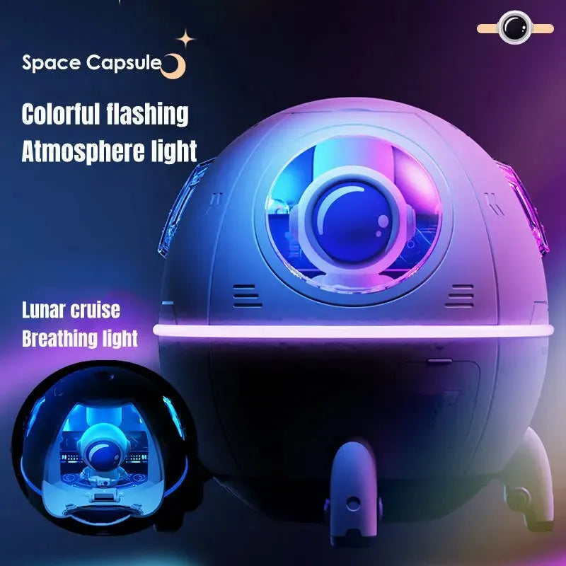 Light purple astronaut-shaped desktop USB humidifier with LED lights on a desk