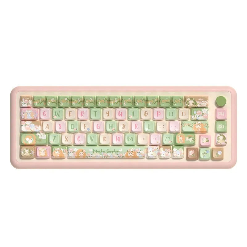 Full set of colourful Summer Garden themed ABS keycaps for mechanical keyboards, laid out on a table.