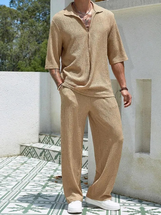 Men's cotton short-sleeved top and loose straight trousers casual suit in khaki for summer commuter wear