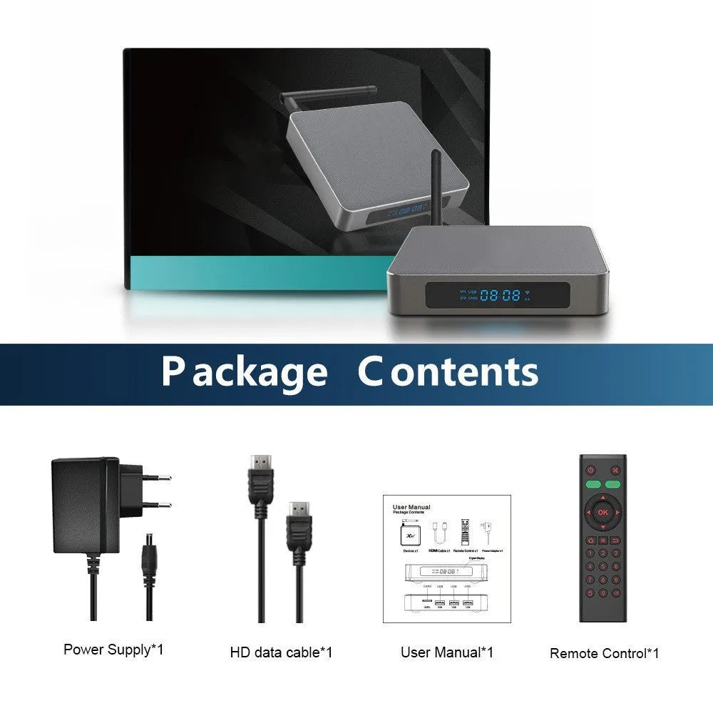 Black Android 8K TV set-top box with remote control, UK plug, and HDMI cable on a wooden surface.