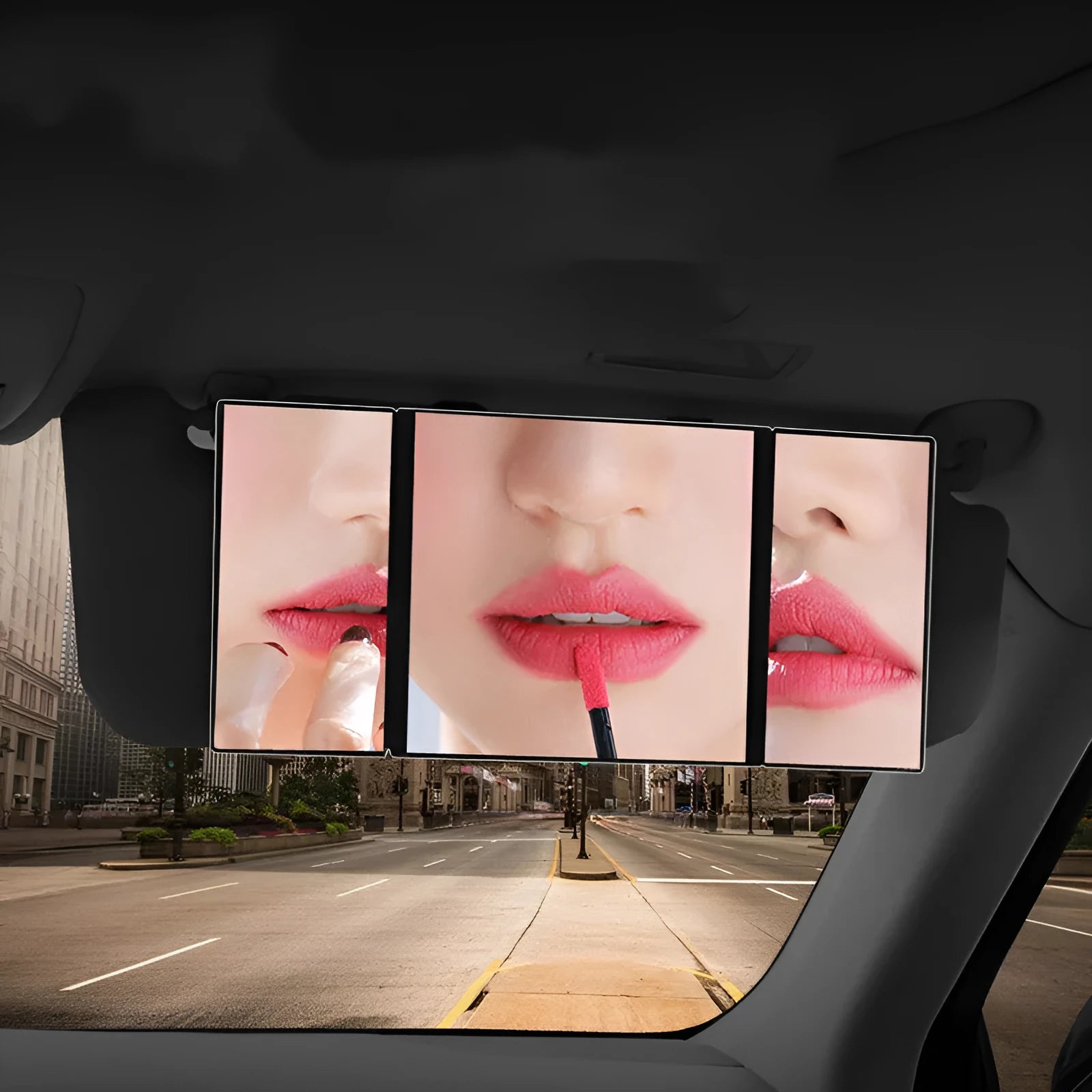 Silver car folding makeup mirror shown closed at 15.5cm and open at 30.5cm width.