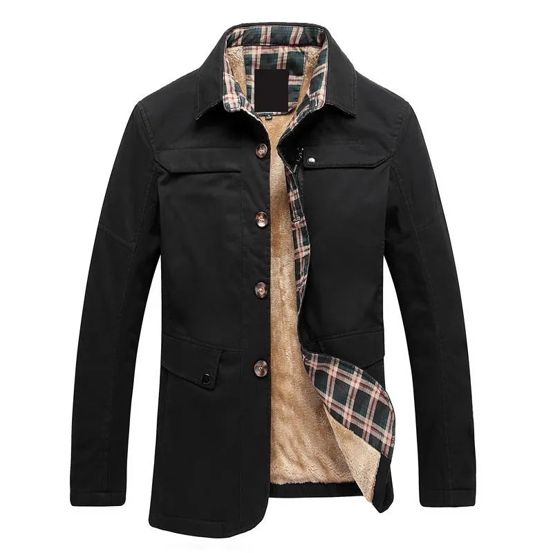 Fleece-lined thickened men's Korean slim fit trench coat in khaki, mid-length 65cm, side pockets, velvet lining