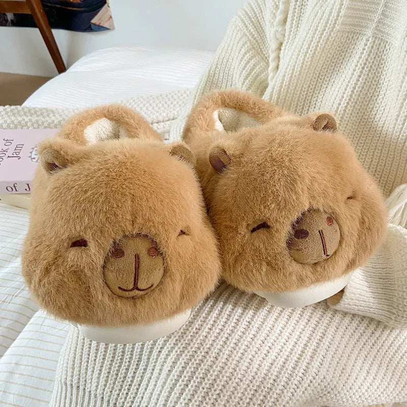 Light brown women's winter slippers with cartoon pattern, plush cotton upper and PVC sole