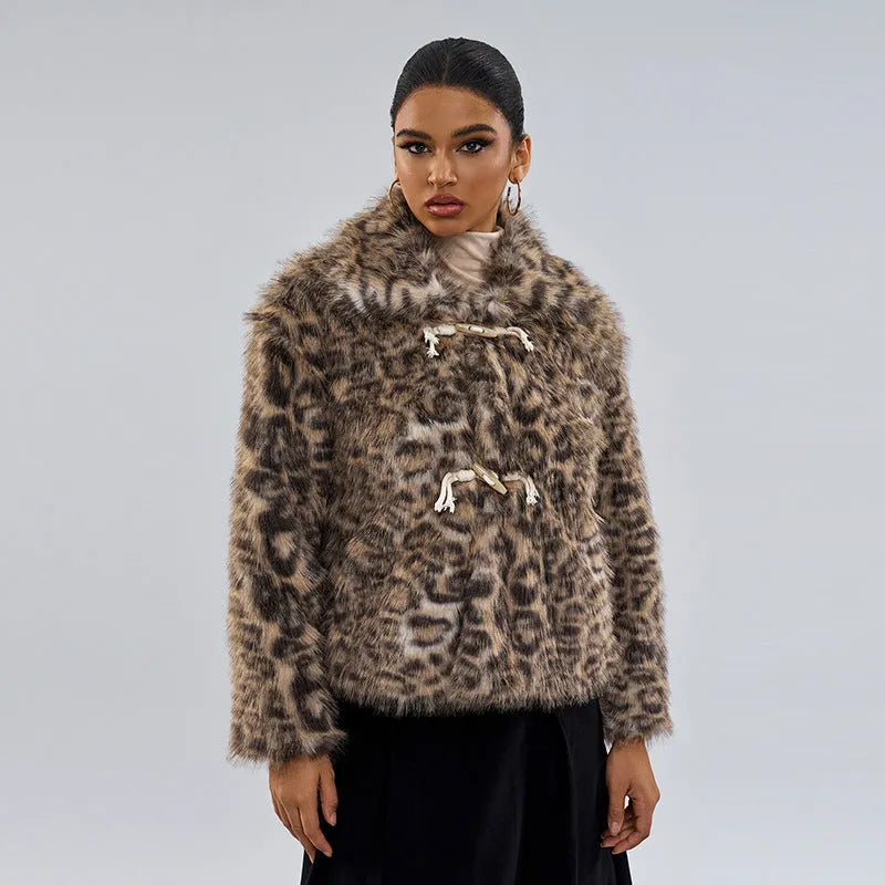 Women's leopard print street fashion coat with a buckle detail on the lapel