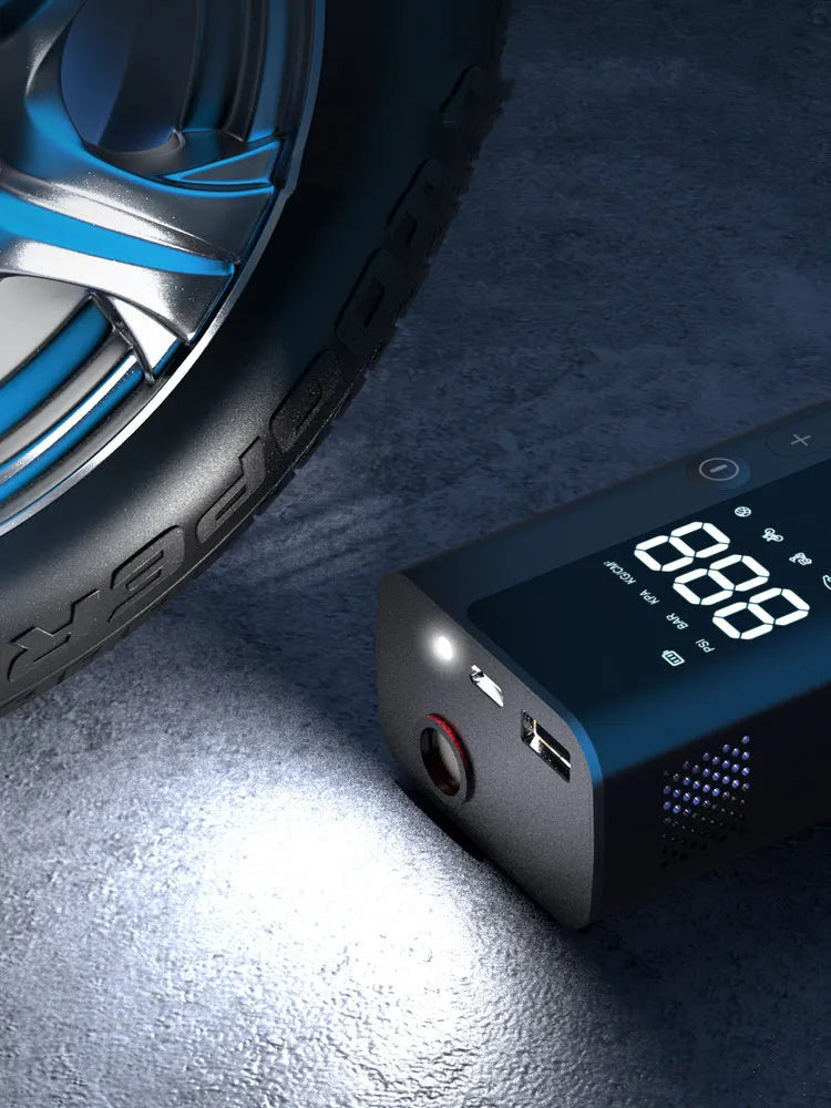 Portable wireless car air pump 165x65x45mm with digital display, 60W motor, and USB charging cable