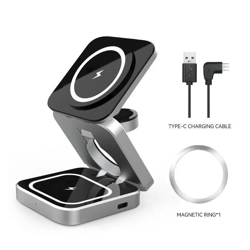 Three-in-one desktop wireless charging bracket with folding design for Apple Samsung Google devices