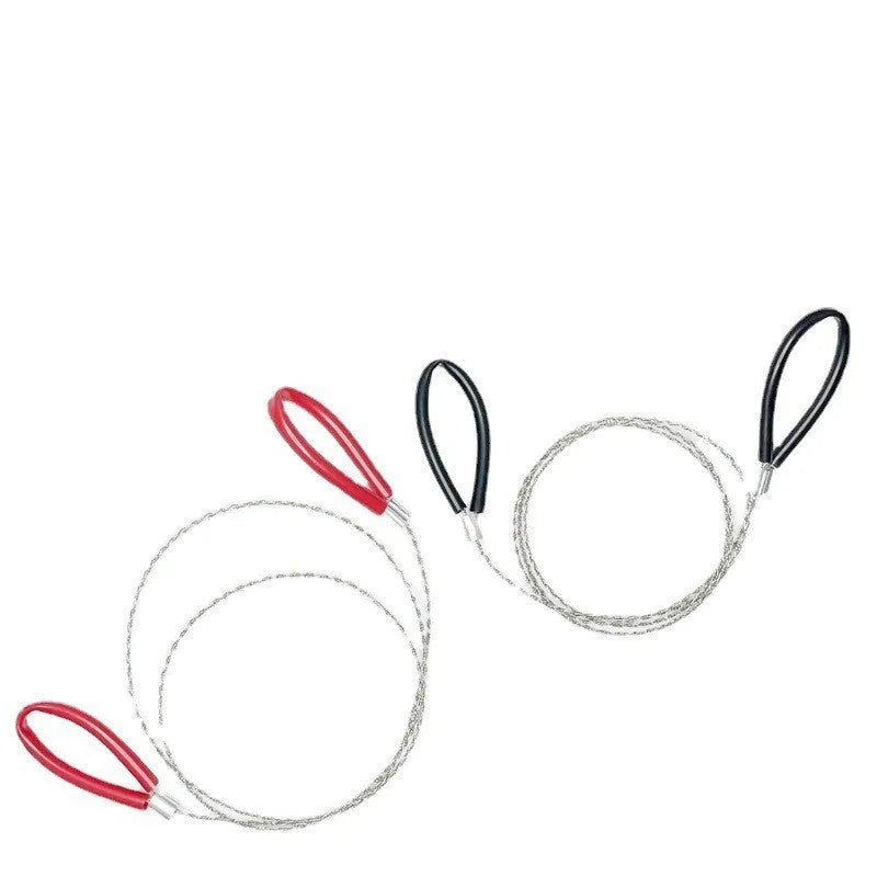 German stainless steel survival wire saw coiled inside a black leather hand case.